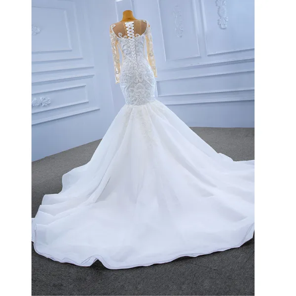 High-end White Beading Sequins Wedding Dresses 2021 Trumpet / Mermaid Scoop Neck Long Sleeve Cathedral Train Wedding