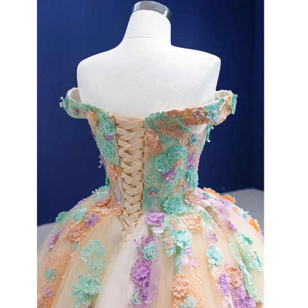 Flower Fairy Chic / Beautiful Champagne Pearl Lace Flower Prom Dresses 2021 Ball Gown Off-The-Shoulder Sleeveless Backless Floor-Length / Long Formal Dresses