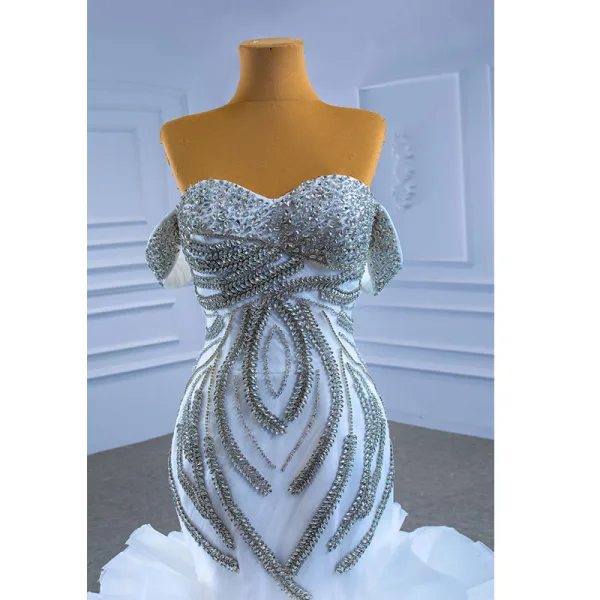 Luxury / Gorgeous High-end White Beading Rhinestone Cascading Ruffles Wedding Dresses 2021 Trumpet / Mermaid Off-The-Shoulder Sleeveless Backless Chapel Train Wedding
