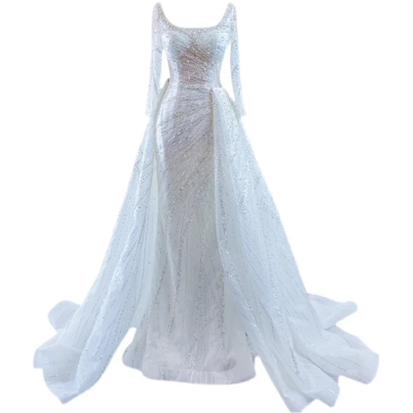 Scintillantes Haut de Gamme Blanche Perlage Perle Paillettes Robe De Mariée 2021 Trompette / Sirène U-Cou Manches Longues Dos Nu Longue Mariage