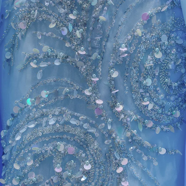 High-end Pool Blue Beading Pearl Sequins Prom Dresses 2021 Trumpet / Mermaid Scoop Neck Sleeveless Backless Chapel Train Formal Dresses