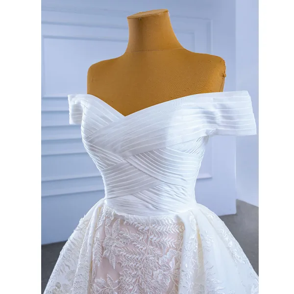 High End Weiß Spitze Blumen Brautkleider / Hochzeitskleider 2021 Meerjungfrau Off Shoulder Kurze Ärmel Rückenfreies Hof-Schleppe Hochzeit