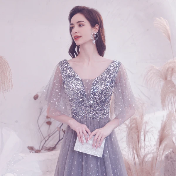 Sparkly Grey Beading Sequins Prom Dresses 2021 A-Line / Princess V-Neck 1/2 Sleeves Backless Floor-Length / Long Formal Dresses