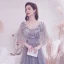 Sparkly Grey Beading Sequins Prom Dresses 2021 A-Line / Princess V-Neck 1/2 Sleeves Backless Floor-Length / Long Formal Dresses