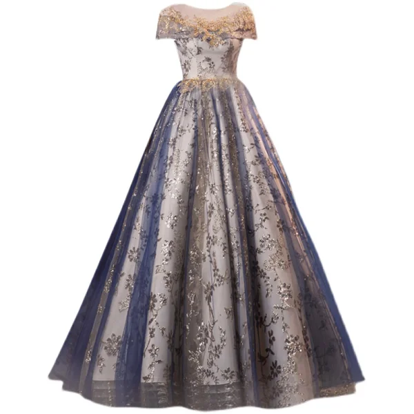 Charmant Bling Bling Océan Bleu Robe De Bal 2021 Princesse Encolure Dégagée Perlage Paillettes En Dentelle Fleur Manches Courtes Dos Nu Longue Robe De Ceremonie