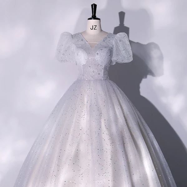 Chic / Beautiful Grey Sequins Prom Dresses 2022 Ball Gown V-Neck Puffy Short Sleeve Backless Floor-Length / Long Formal Dresses