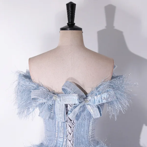 Fashion Sky Blue Tassel Rhinestone Bow Prom Dresses 2024 A-Line / Princess Strapless Sleeveless Backless Floor-Length / Long Prom Formal Dresses