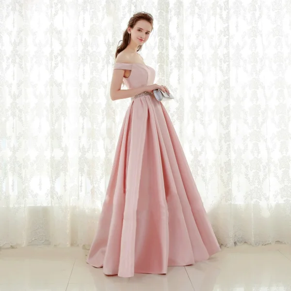 Chic / Beautiful Blushing Pink Prom Dresses 2018 A-Line / Princess Off-The-Shoulder Backless Short Sleeve Floor-Length / Long Formal Dresses