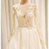 Amazing / Unique White Wedding Dresses 2017 Scoop Neck Satin Lace Ruffle Appliques Backless Long Sleeve Covered Button Chapel Train Ball Gown