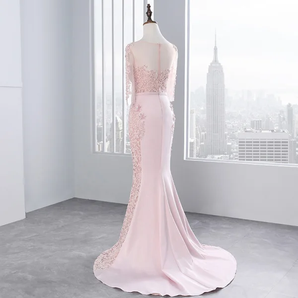 Chic / Belle Rose Bonbon Robe De Soirée 2018 Trompette / Sirène Dentelle Fleur Perlage Noeud Encolure Dégagée 1/2 Manches Dos Nu Train De Balayage Robe De Ceremonie