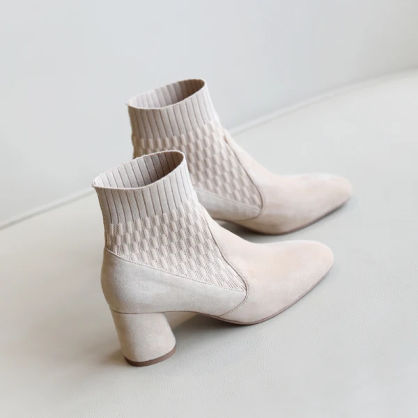 Fashion Black Street Wear Knitting Ankle Womens Boots 2020 6 cm Thick Heels Round Toe Boots