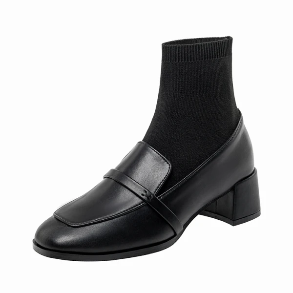 Enkel Svart Casual Ankel Strikking Kvinners støvler 2020 5 cm Tykk Hæler Firkantetå Boots