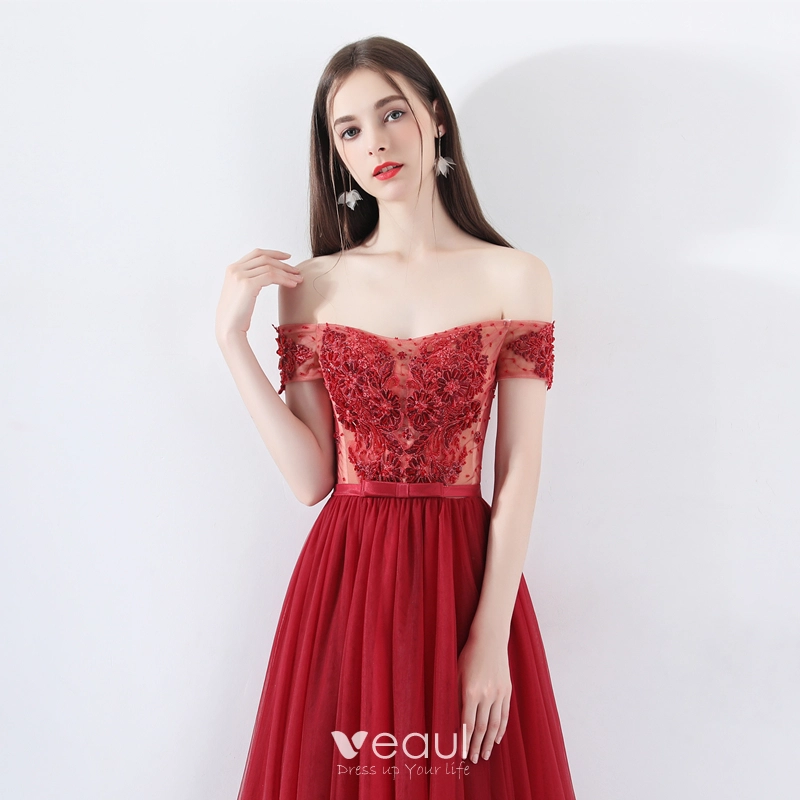 Chic Beautiful Burgundy Prom Dresses 2018 A Line Princess Beading Crystal Lace Flower Off The Shoulder