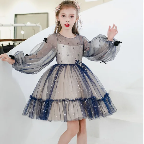 Fashion Ocean Blue Short Birthday Flower Girl Dresses 2021 Ball Gown Scoop Neck Star Rhinestone Sequins Long Sleeve