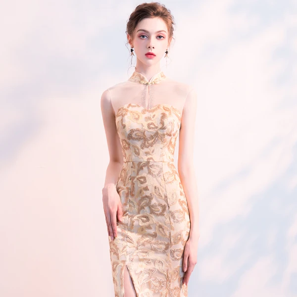 Chinese style Champagne Evening Dresses 2018 Trumpet / Mermaid Sequins Rhinestone High Neck Sleeveless Floor-Length / Long Formal Dresses