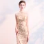 Chinese style Champagne Evening Dresses  2018 Trumpet / Mermaid Sequins Rhinestone High Neck Sleeveless Floor-Length / Long Formal Dresses