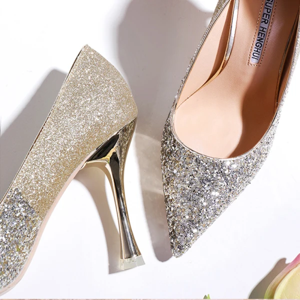 Sparkly Charming Gold Sequins Wedding Shoes 2020 10 cm Stiletto Heels Pointed Toe Wedding Pumps