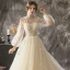 Charming Champagne Wedding Dresses 2018 A-Line / Princess Lace Flower Appliques Pearl Scoop Neck Long Sleeve Backless Cathedral Train Wedding
