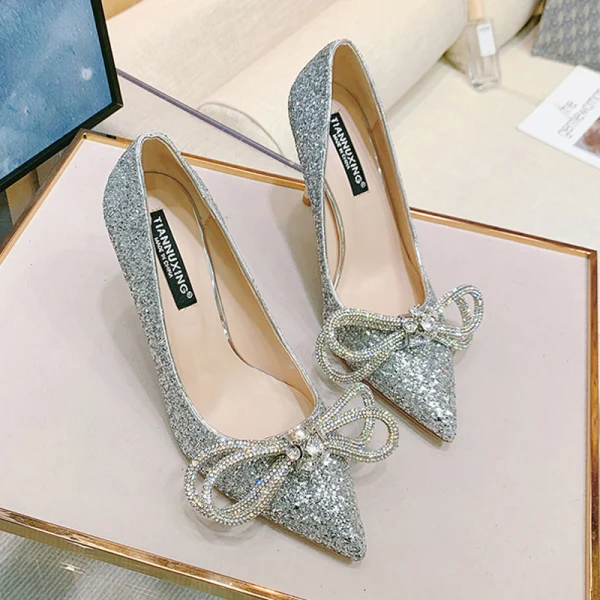 Scintillantes Argenté Faux Diamant Paillettes Chaussure De Mariée 2020 Cuir 8 cm Talons Aiguilles À Bout Pointu Mariage Escarpins