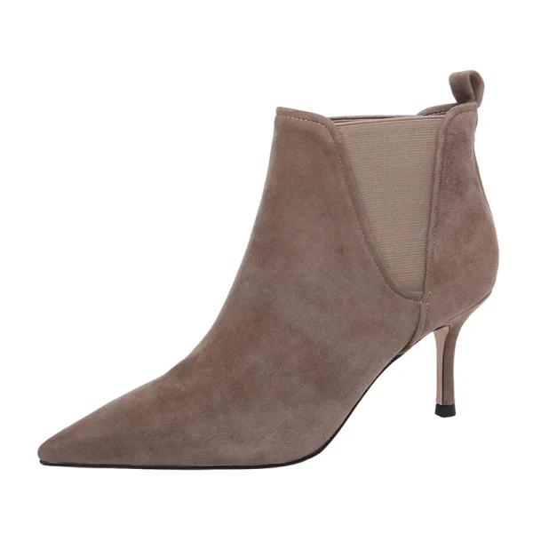Simple Hiver Kaki Désinvolte Daim Bottes Femme 2020 Cuir Bottines 7 cm Talons Aiguilles À Bout Pointu Bottes