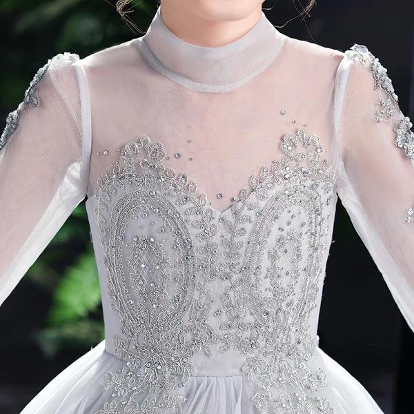 Elegant Grey Birthday Flower Girl Dresses 2021 A-Line / Princess High Neck Long Sleeve Beading Rhinestone Lace Flower Sweep Train
