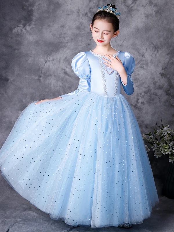 Médiévale Vintage / Originale Bleu Ciel Robe Ceremonie Fille 2021 Princesse Encolure Dégagée 3/4 Manches Forme de coeur Perle Paillettes En Dentelle Fleur Noeud Longue