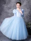 Médiévale Vintage / Originale Bleu Ciel Robe Ceremonie Fille 2021 Princesse Encolure Dégagée 3/4 Manches Forme de coeur Perle Paillettes En Dentelle Fleur Noeud Longue
