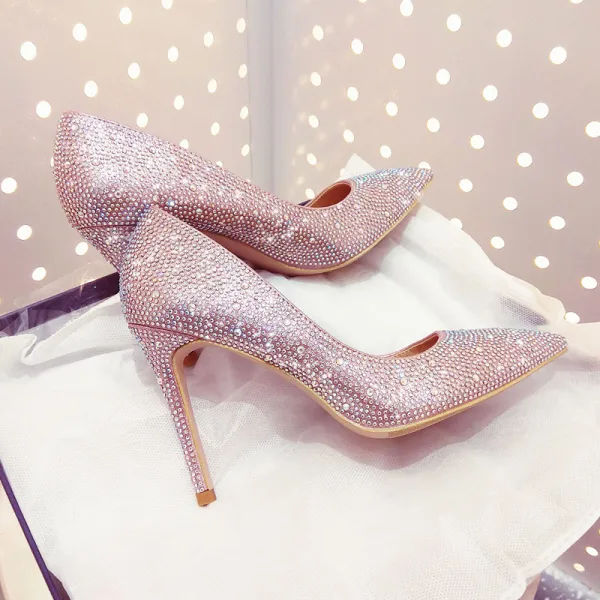 Błyszczące Uroczy Srebrny Rhinestone Buty Ślubne 2020 Skórzany 10 cm Szpilki Szpiczaste Ślub Czółenka