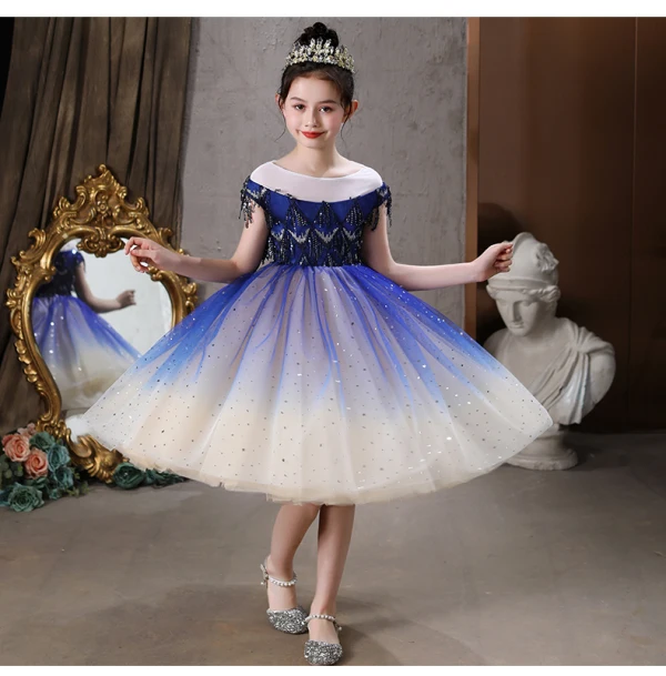 Vintage / Retro Royal Blue Lace Sequins Birthday Flower Girl Dresses 2021 A-Line / Princess Scoop Neck Short Sleeve Tea-length