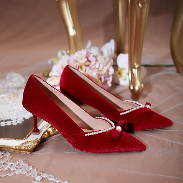 Chinese style Burgundy Suede Wedding Shoes 2020 Pearl Bow 6 cm Stiletto Heels Pointed Toe Wedding Pumps