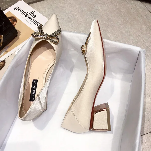 Fashion Burgundy Evening Party Rhinestone Bow Pumps 2020 4 cm Thick Heels Low Heel Pointed Toe Pumps