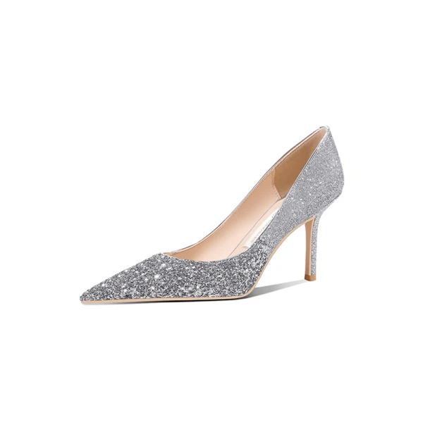 High End Farbverlauf Silber Glanz Pailletten Brautschuhe 2020 Leder 8 cm Stilettos Spitzschuh Hochzeit Pumps