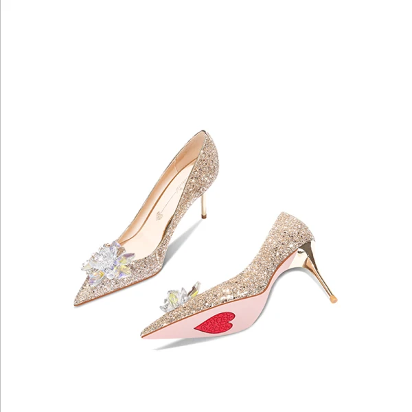 Luxury / Gorgeous Gold Crystal Wedding Shoes 2020 Leather Sequins 8 cm Stiletto Heels Pointed Toe Wedding Pumps