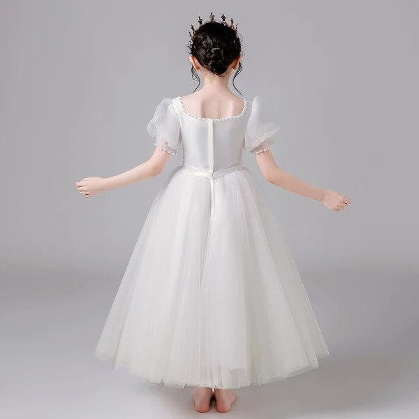 Chic / Beautiful Ivory Wedding Flower Girl Dresses 2021 A-Line / Princess Square Neckline Pearl Bow Short Sleeve Floor-Length / Long Wedding Party Dresses