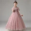 Elegant Blushing Pink Birthday Flower Girl Dresses 2021 A-Line / Princess High Neck Beading Sequins Lace Flower Short Sleeve Sash Floor-Length / Long