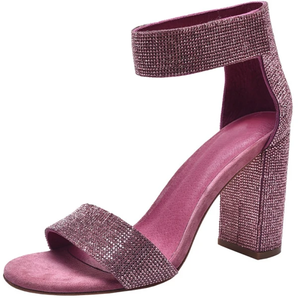 Minimalist Nude Evening Party Rhinestone Womens Sandals 2020 Leather 9 cm Thick Heels Open / Peep Toe Sandals