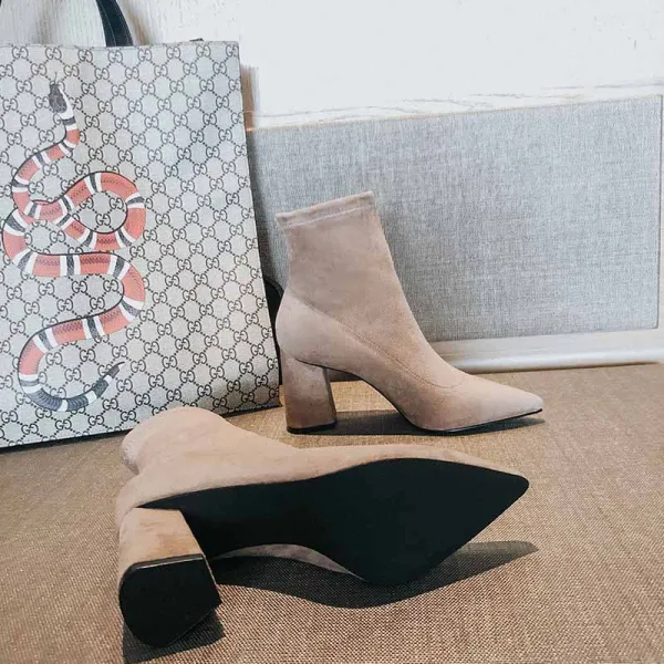 Chic / Beautiful Winter Black Street Wear Ankle Womens Boots 2020 Suede 7 cm Thick Heels Pointed Toe Boots