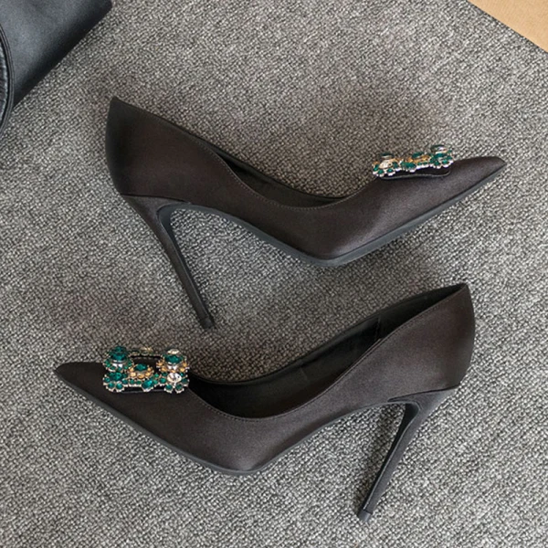 Chic / Belle Noire Promo Satin Escarpins 2020 Faux Diamant 10 cm Talons Aiguilles À Bout Pointu Escarpins