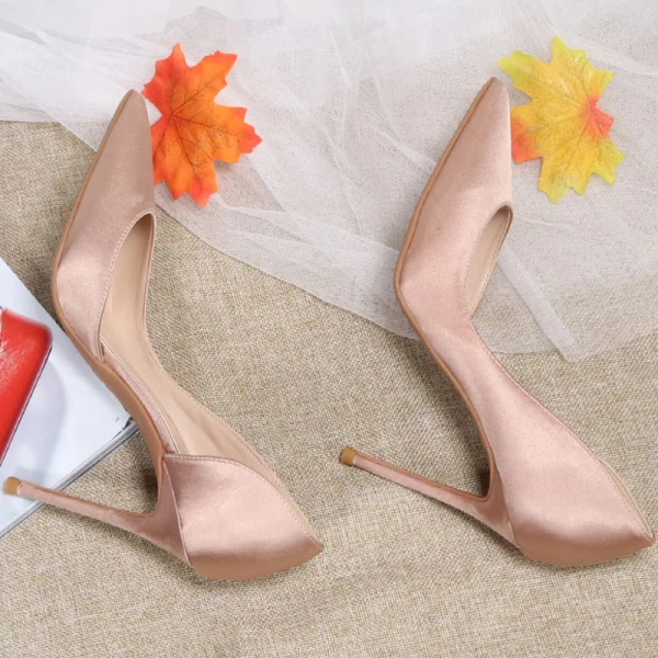 Eenvoudige Nude Satijn Gala Damesschoenen 2020 10 cm Naaldhakken / Stiletto Spitse Neus Hoge Hakken