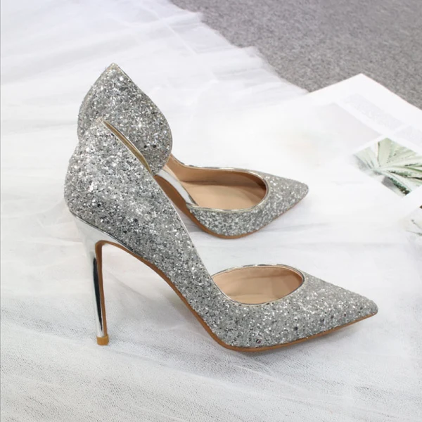 Sparkly Silver Evening Party Glitter Sequins Womens Shoes 2020 10 cm Stiletto Heels Pointed Toe Heels