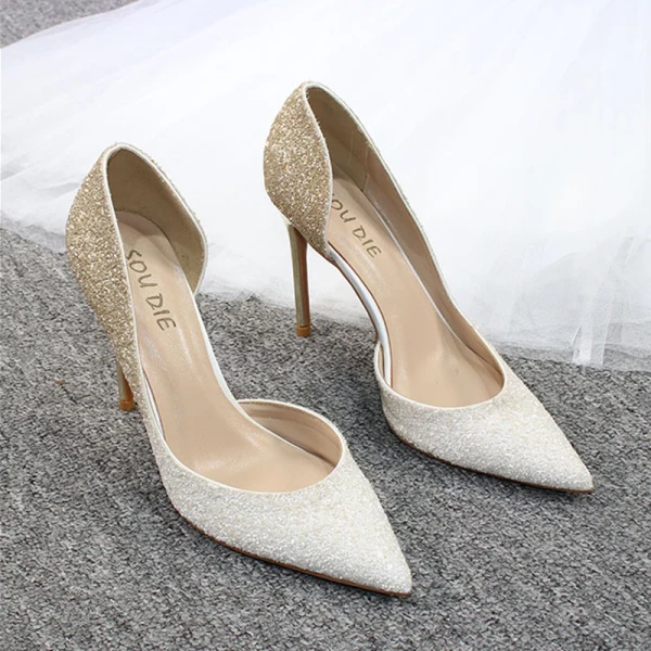 Charming Gradient-Color Gold Evening Party Womens Shoes 2020 Glitter Sequins 10 cm Stiletto Heels Pointed Toe Heels