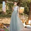 Modest / Simple Sage Green Embroidered Bridesmaid Dresses 2021 A-Line / Princess V-Neck 3/4 Sleeve Backless Floor-Length / Long Bridesmaid Wedding Party Dresses