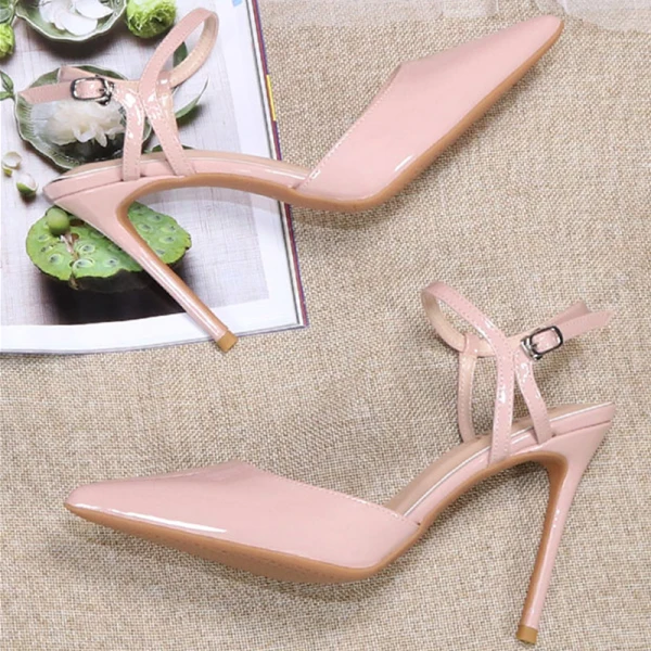 Sexy Fashion Nude Evening Party Womens Sandals 2020 Ankle Strap Patent Leather 10 cm Stiletto Heels Pointed Toe Heels