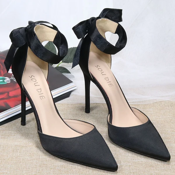 Fashion Black Prom Satin Womens Shoes 2020 Ankle Strap Bow 10 cm Stiletto Heels Pointed Toe Heels