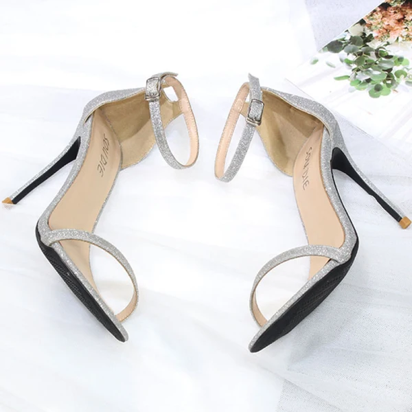 Sexy Silber Abend Glanz Pailletten Sandalen Damen 2020 Knöchelriemen 10 cm Stilettos Peeptoes Sandaletten