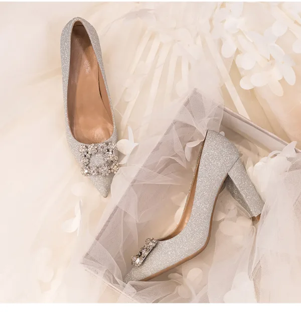 Charmant Scintillantes Argenté Chaussure De Mariée 2020 Glitter Faux Diamant Paillettes 9 cm Talons Épais À Bout Pointu Escarpins
