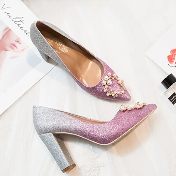 Charmant Farbverlauf Pink Abend Pumps 2020 Perle Strass Pailletten 9 cm Thick Heels Spitzschuh Pumps