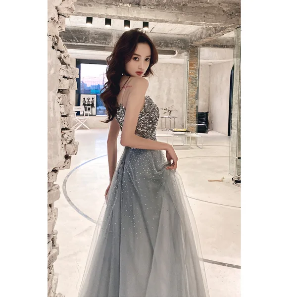 Glitzernden Sexy Silber Glanz Pailletten Abendkleider 2021 A Linie Bandeau Ärmellos Rückenfreies Lange Festliche Kleider