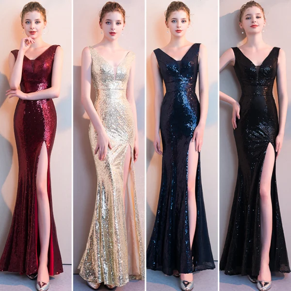 Sexy Burgunderrot Abendkleider 2018 Mermaid Gespaltete Front Pailletten V-Ausschnitt Rückenfreies Ärmellos Lange Festliche Kleider