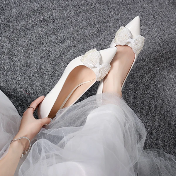 Chic Ivoire Perle Noeud Chaussure De Mariée 2020 8 cm Talons Aiguilles À Bout Pointu Mariage Escarpins